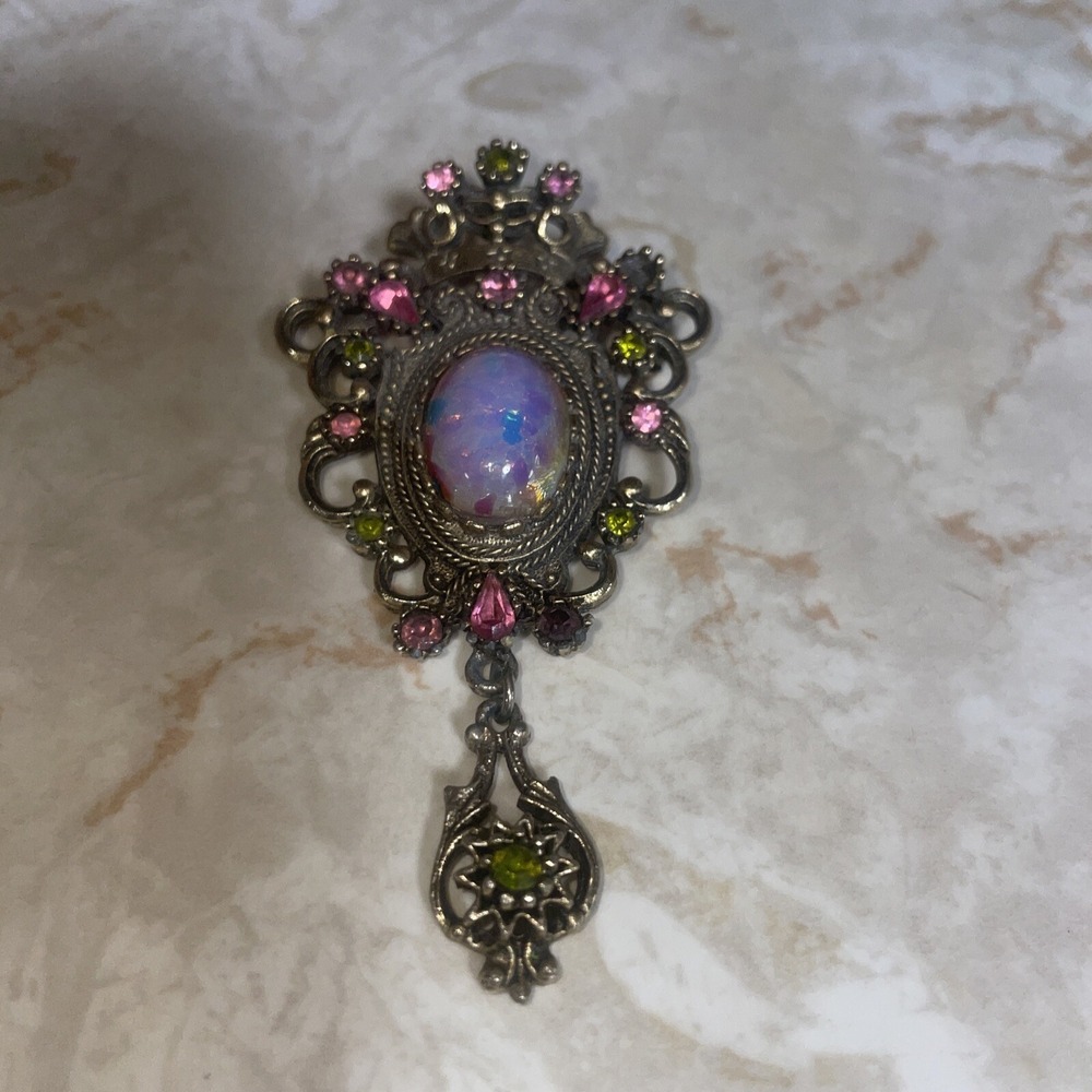 1975 Sarah Coventry Pin Pendant Gorgeous Colors 3" Long Pink & Green